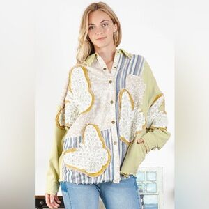 Blue Velvet-Artistic Butterfly Patchwork Striped Button-Down Shirt